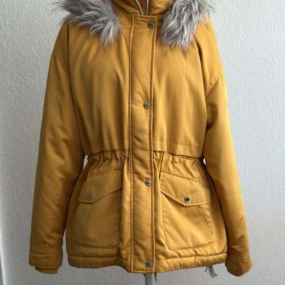 Hollister Mustard Yellow Faux Fur Hooded Puffer Parka Jacket Size XXL - Picture 2 of 10